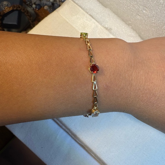 14KT Yellow Gold Triangle Link Chain Multicolor Gemstone Bracelet - Picture 7 of 8